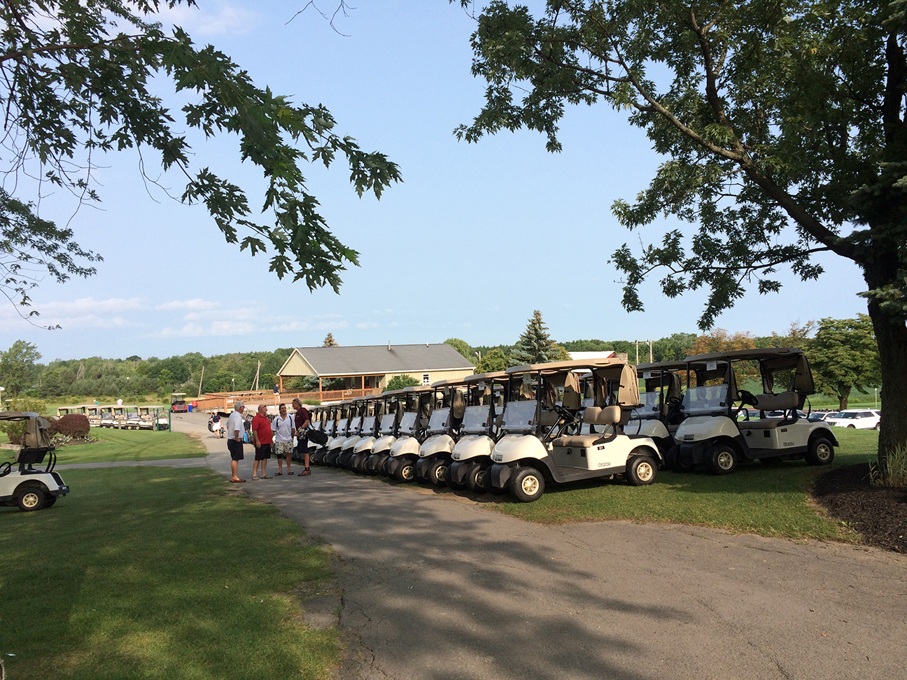 Golf carts lined up beside a clubhouse at Chestnut Hill Country Club